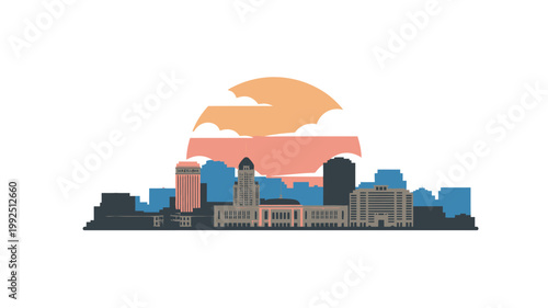 A vibrant city skyline at sunset with modern buildings and a serene atmosphere