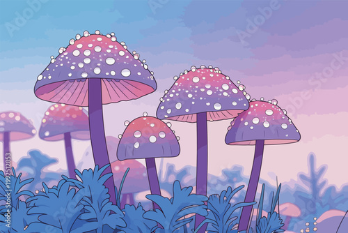 Colorful mushrooms grow in a digital landscape with soft hues and bubbles during a sunset sky display