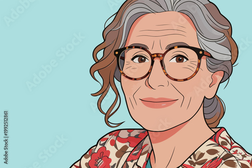 Elderly woman with glasses smiling in a colorful pattern shirt against a light blue background during daytime