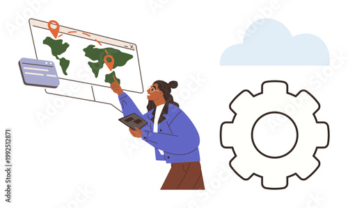 Geographic analysis, cloud integration, data visualization, technology planning, global mapping, research tools. A woman interacts with virtual maps and data. Geographic analysis and cloud
