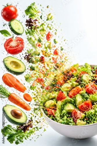 Schwebende Zutaten verwandeln sich in frischen Salat
Gemüse und Avocado schweben im Studio-Licht und formen eine frische Salatschüssel auf hellem Hintergrund.
