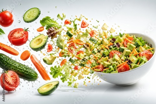 Schwebende Zutaten verwandeln sich in frischen Salat
Gemüse und Avocado schweben im Studio-Licht und formen eine frische Salatschüssel auf hellem Hintergrund.