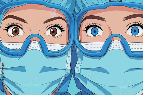 Two healthcare workers in masks and goggles look forward during a medical procedure in a hospital setting at daytime