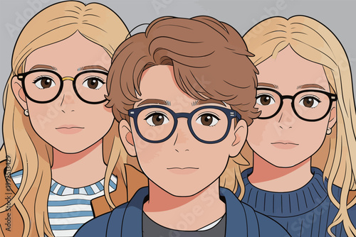 Three children with glasses standing close together, looking forward in a simple setting with a gray background