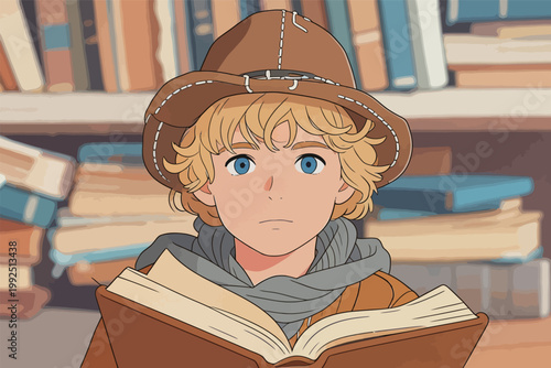 Young boy reading a book in a library filled with shelves of books in a colorful and lively setting