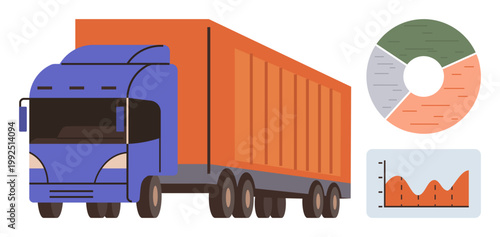 Logistics, data analysis, supply chain management, shipment, transportation, business insights. Blue truck with orange trailer, pie chart and line graph. Logistics and data analysis visualization