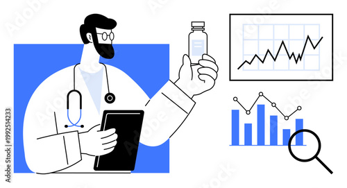 Healthcare, data analysis, medical research, pharmaceutical studies, diagnostics, professional development. A doctor holds a tablet and vial, reviewing charts and graphs. Healthcare and data analysis