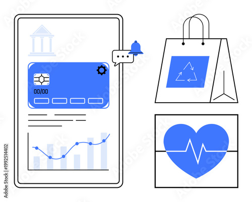 Digital finance, online shopping, sustainable packaging, analytics, business growth, health monitoring. A credit card on a screen, eco-friendly bag and a heart icon. Digital finance and online