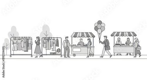 Street market scene with stalls and shoppers.