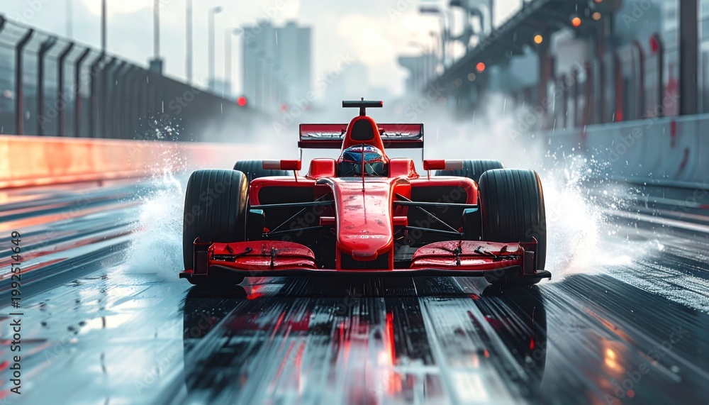 Fototapeta premium Red Race Car on Wet Track.