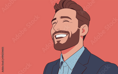 Man smiles with joy against a bright background during a cheerful moment at an event in a city
