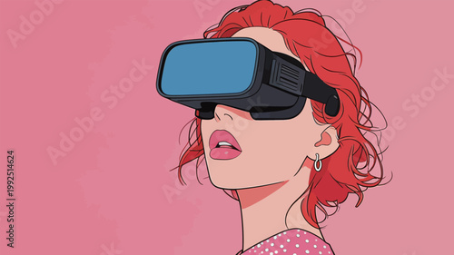 Woman wearing virtual reality headset looks up with interest against a bright pink background in a digital art style