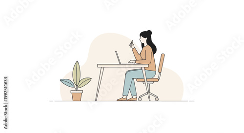 Woman working on laptop at desk with phone in hand.