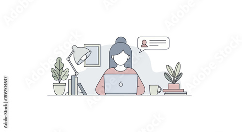 Woman working on laptop at desk with plants and lamp.