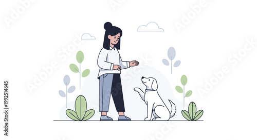 Woman training her dog outdoors with plants in the background.