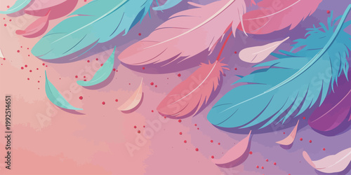 Colorful feathers fall on a soft background with dots and curves in a creative design during daytime