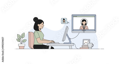 Woman working on computer with video call on screen.