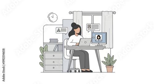 Woman working diligently at her desk with a laptop and computer.