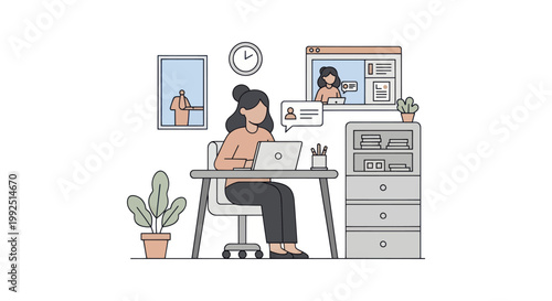 Woman working on laptop at desk with video call on screen.