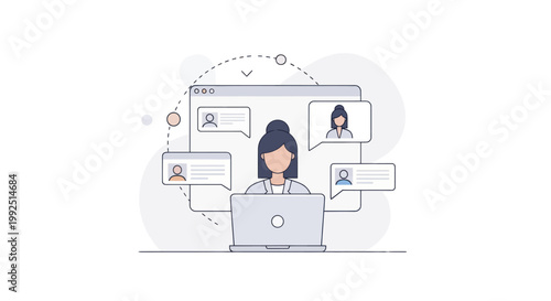 Woman working on laptop with chat bubbles and user profiles.