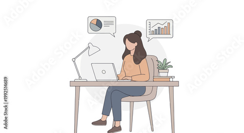 Woman Working on Laptop with Data Charts at Desk.