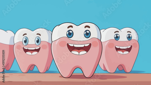 Tooth characters smile happily on a bright blue background during a cheerful cartoon scene in a dental setting