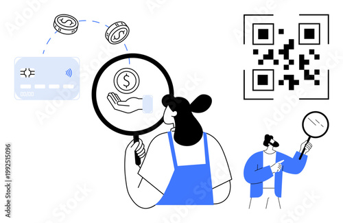 Payment processing, e-commerce, financial analysis, transaction security, QR code scanning, digital identity. A woman examines a dollar coin with a magnifying glass. Payment processing and financial
