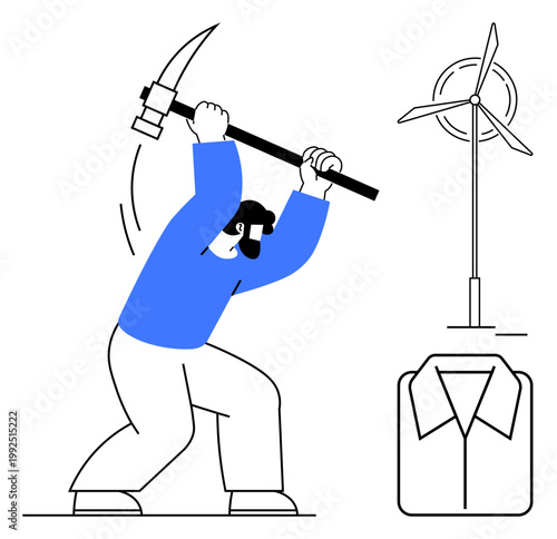Renewable energy, manual labor, sustainability, industry, clean energy, work ethics. A worker holding a pickaxe near a wind turbine and a shirt icon. Renewable energy and manual labor concept