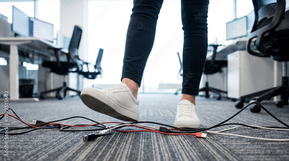 Fototapeta premium Closeup of a persons feet stepping on a tangled mess of computer cables on an office floor, representing workplace safety hazards