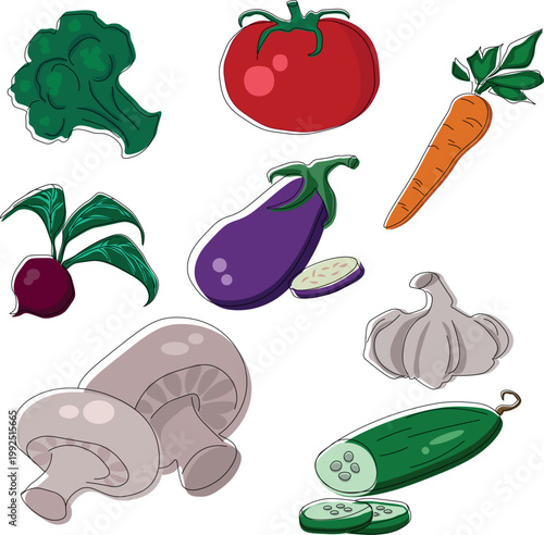 Fresh organic vegetables collection, hand draw doodle stickers with offset white countour
