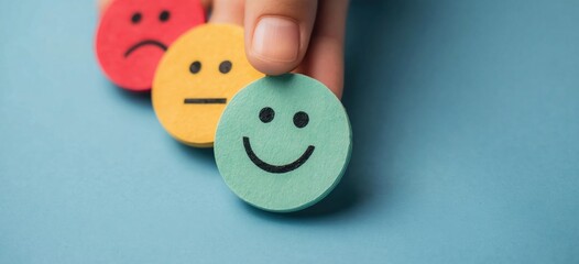 Customer satisfaction feedback hand holding happy neutral and sad icons on blue background client experience mood