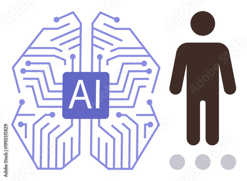 Artificial intelligence, human-AI interaction, technology advancement, innovation, machine learning, automation. Purple circuit with AI text, human figure and dots. Artificial intelligence
