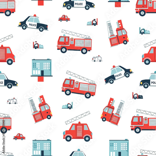 Seamless Pattern Featuring Fire Trucks and Police Cars for Children.