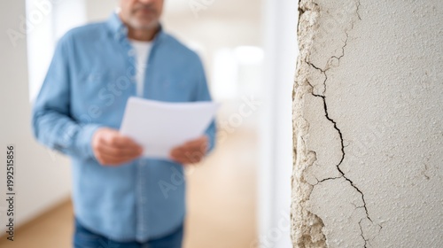 Inspection of Structural Integrity: A Man Examines a Cracked Wall in a Bright, Open Room, Highlighting the Need for Repair and Maintenance