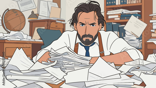 Busy man works at desk covered in papers in an office
