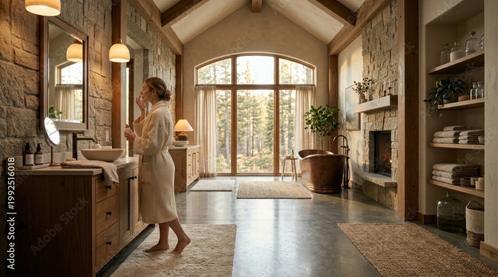 Fototapeta premium Relaxing morning wellness routine: woman in bathrobe applying skincare in a luxurious rustic spa-style bathroom with stone walls and forest window view