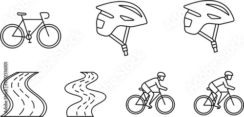Collection of cycling-related icons including a bicycle, helmets, road paths, and riders, representing the sport and leisure activity of cycling