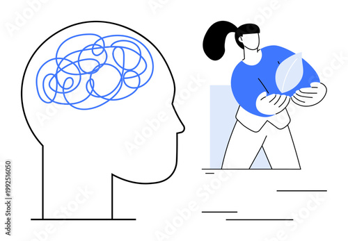 Mental health, personal growth, stress management, wellbeing, mindfulness, self-care. A head outline with tangled lines and a woman holding a leaf. Mental health and personal growth concept