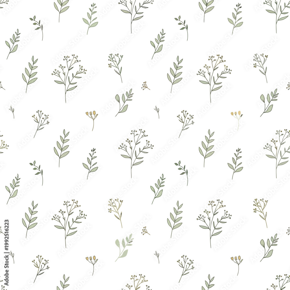 Fototapeta premium Seamless Pattern of Delicate Hand Drawn Watercolor Wildflowers and Green Foliage.