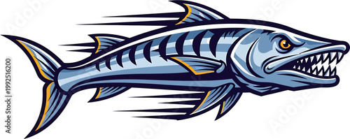 Fierce barracuda fish illustration in motion, with sharp teeth and an aggressive expression, suitable for sports logos and aquatic themes