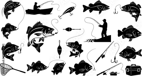 Vector illustrations of fishing and its associated gear, showcasing various fish species, anglers, and equipment like nets, rods, and lures for sports and leisure
