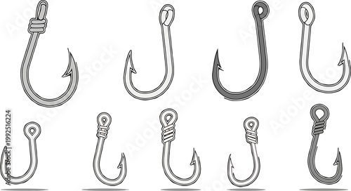 A diverse vector collection showcasing various types of sharp fishing hooks, ideal for angling enthusiasts, outdoor sports, and essential bait and tackle gear illustrations