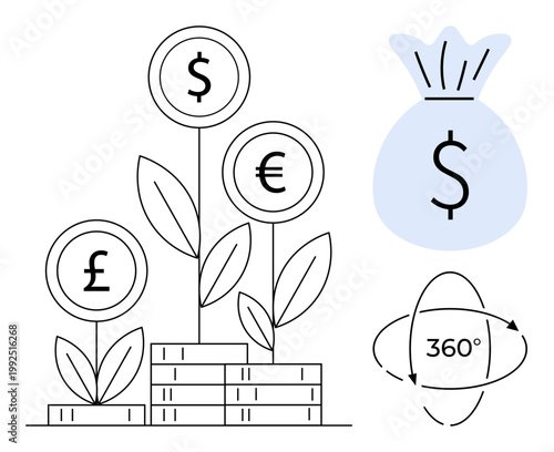 Financial strategy, investment growth, currency exchange, business development, money management, economic stability. Plants with currency symbols and a rotating dollar sign. Financial strategy