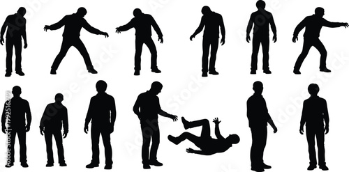 A diverse vector illustration featuring black silhouettes of a business team, a running sport group, and a dancing couple alongside figures of a man, woman, and child representing human evolution and 