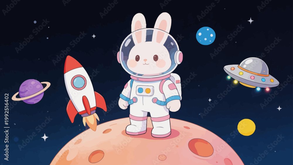 Fototapeta premium Cute bunny astronaut in space