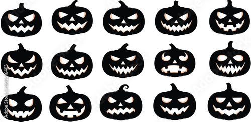 Halloween icon set featuring black white and red jack o lantern pumpkins spooky autumn holiday vector illustration with scary faces and decorative symbols for october celebration