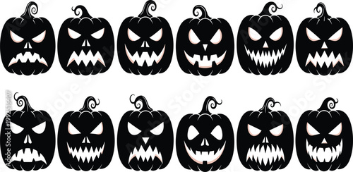 Set of Halloween pumpkin jack-o-lantern vector icons featuring people and women illustrations with autumn spooky holiday decorations and funny smile symbols