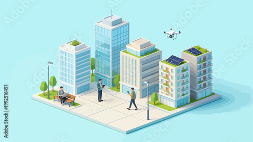 Futuristic cityscape with people and drone