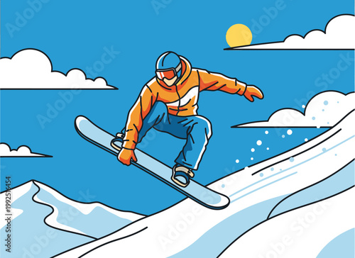 Vibrant illustration of an active snowboarder performing a dynamic jump over a snowy mountain peak, capturing the essence of thrilling winter sports and recreation