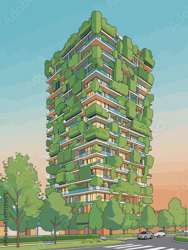 Modern building design with greenery on each floor in an urban setting at sunset